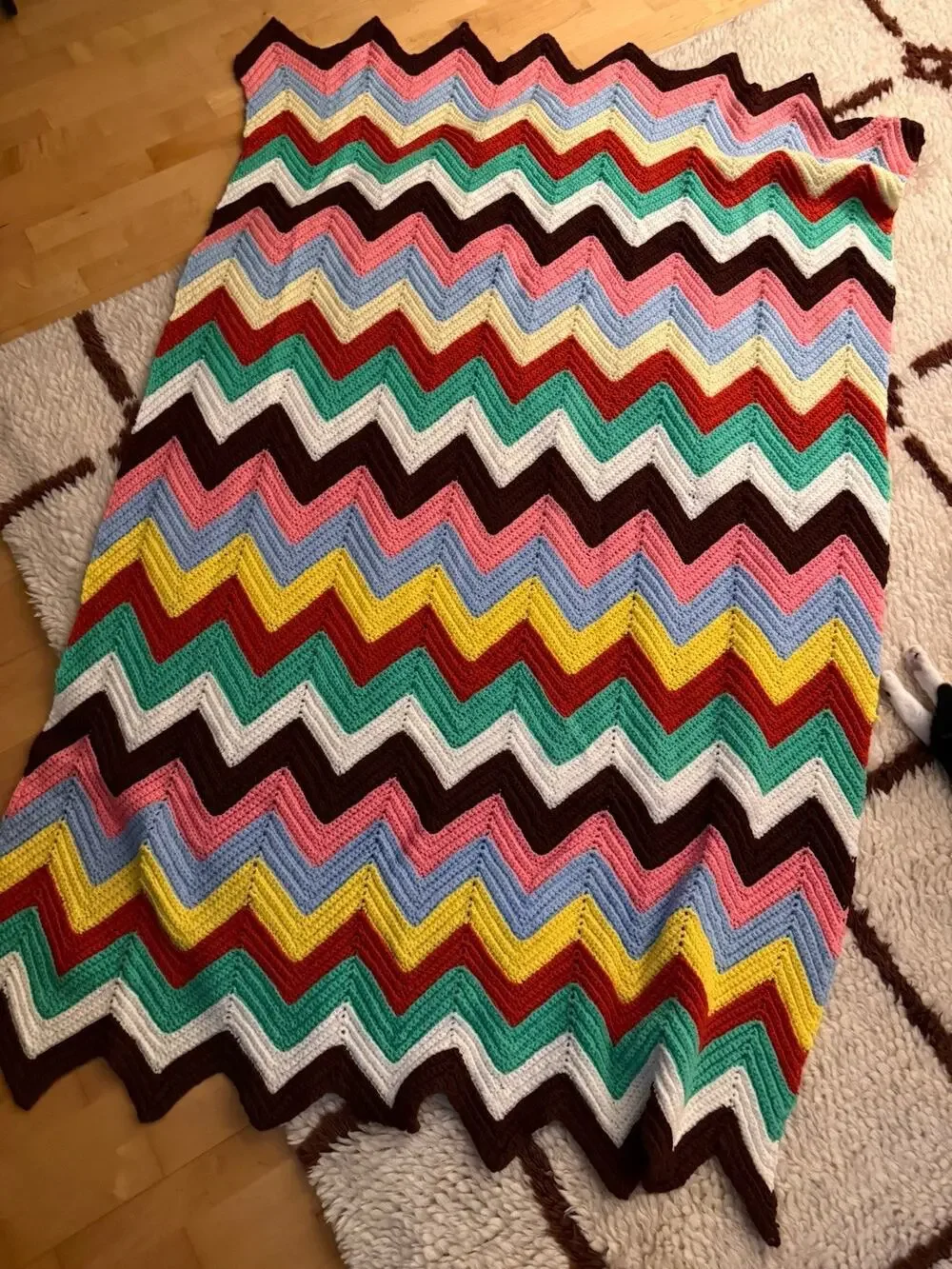 VTG Crochet Afghan Blanket Zig Zag green Brown Chevron Colors Grandma 48 X 78